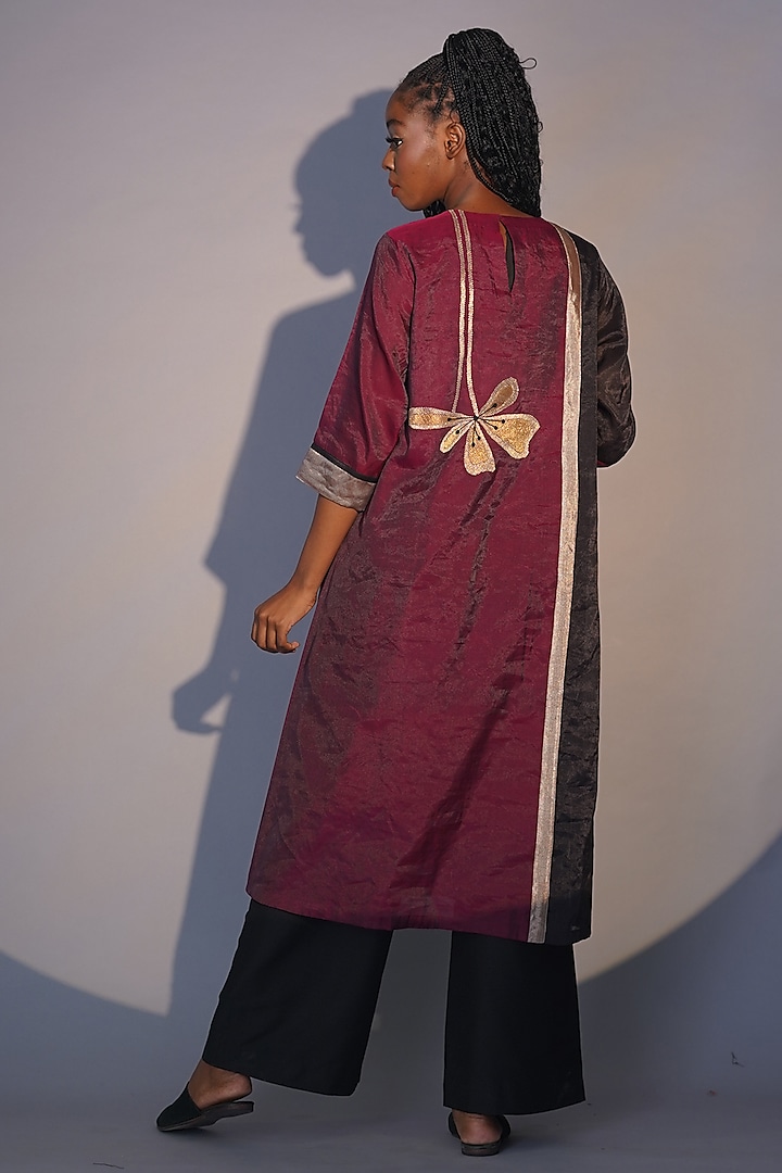 Bronze & Ruby Chanderi Tissue Machine Embroidered Tunic Set by Taika By Poonam Bhagat at Pernia's Pop Up Shop