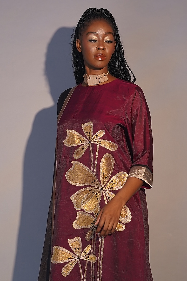 Bronze & Ruby Chanderi Tissue Machine Embroidered Tunic Set by Taika By Poonam Bhagat at Pernia's Pop Up Shop