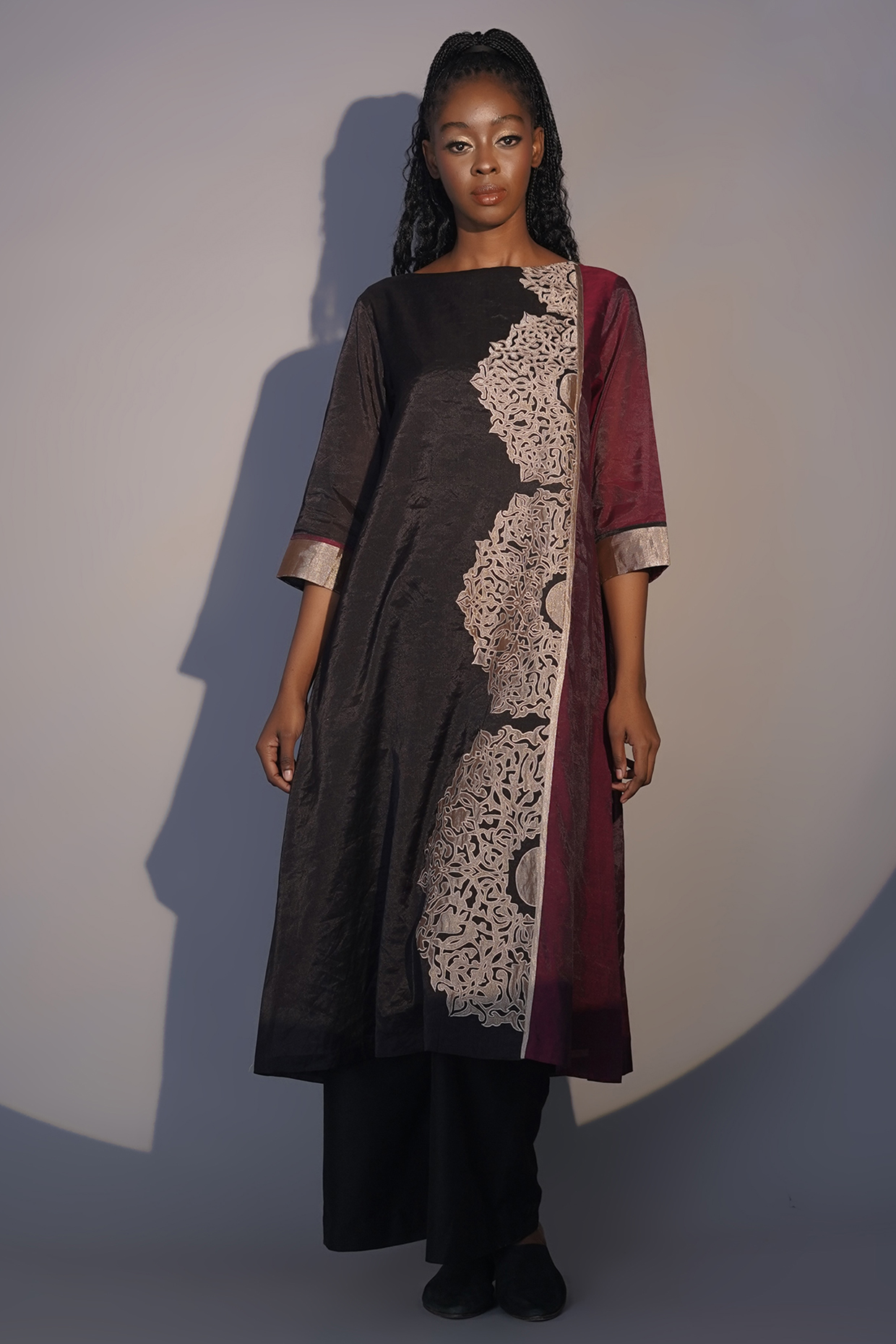 Bronze & Ruby Chanderi Tissue Machine Embroidered Tunic Set by Taika By Poonam Bhagat at Pernia's Pop Up Shop