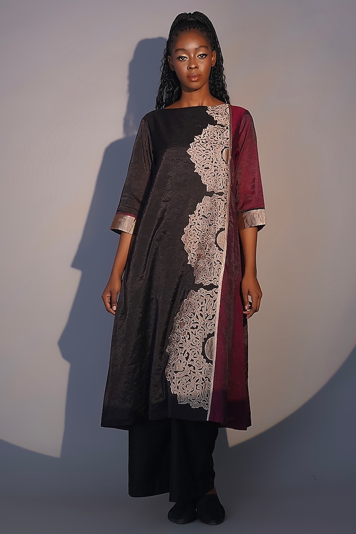 Bronze & Ruby Chanderi Tissue Machine Embroidered Tunic Set by Taika By Poonam Bhagat at Pernia's Pop Up Shop