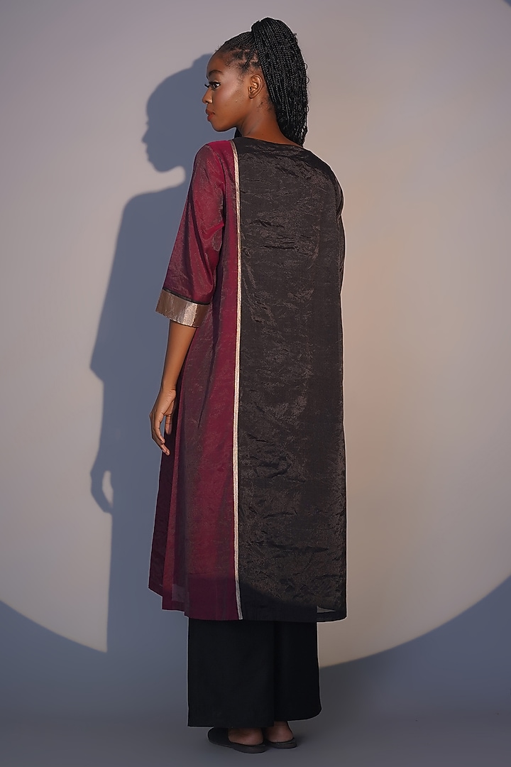 Bronze & Ruby Chanderi Tissue Machine Embroidered Tunic Set by Taika By Poonam Bhagat at Pernia's Pop Up Shop