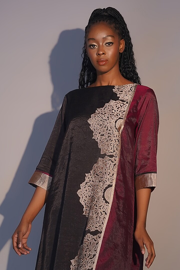 Bronze & Ruby Chanderi Tissue Machine Embroidered Tunic Set by Taika By Poonam Bhagat at Pernia's Pop Up Shop