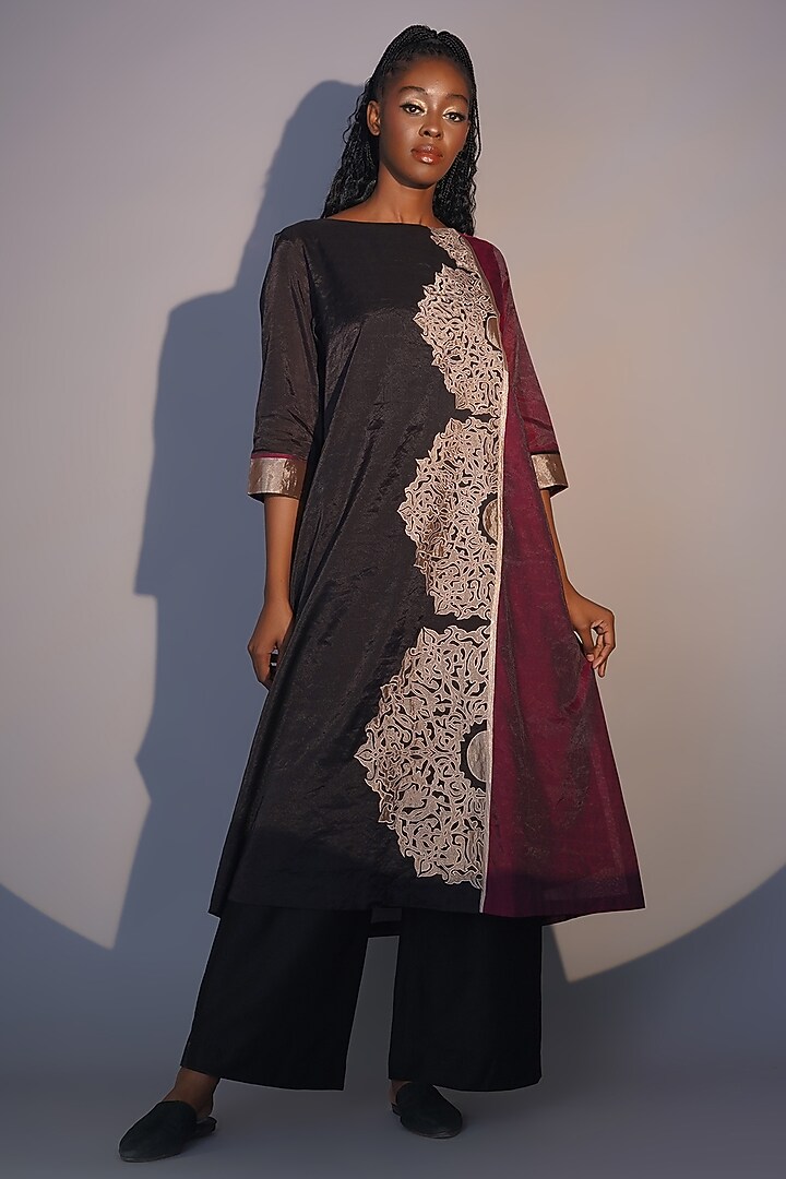 Bronze & Ruby Chanderi Tissue Machine Embroidered Tunic Set by Taika By Poonam Bhagat at Pernia's Pop Up Shop