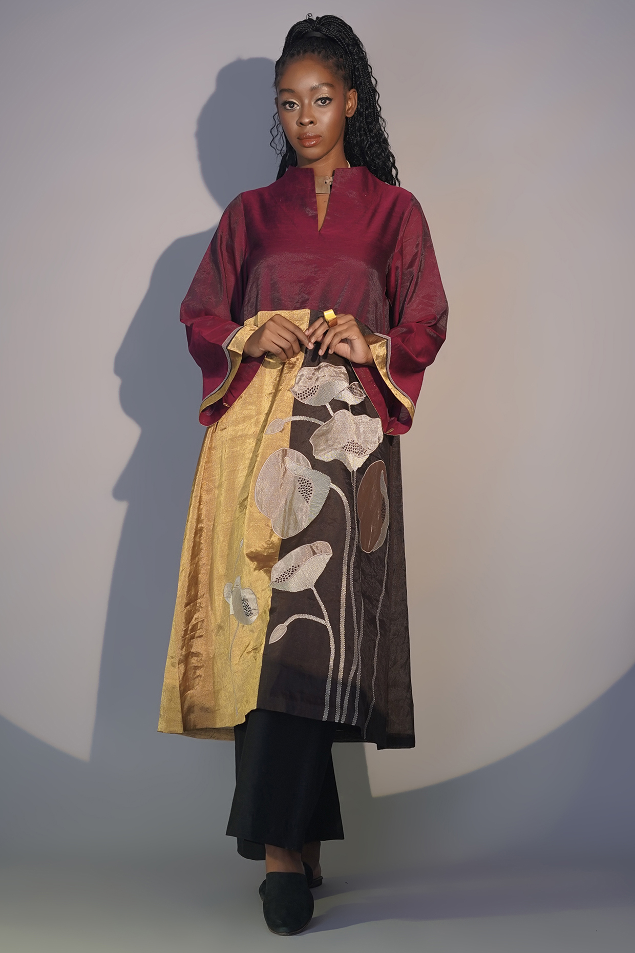 Bronze & Ruby Chanderi Tissue Machine Embroidered Tunic Set by Taika By Poonam Bhagat at Pernia's Pop Up Shop