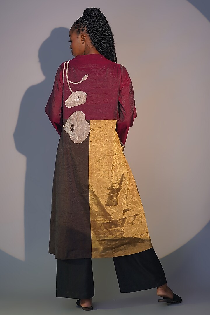 Bronze & Ruby Chanderi Tissue Machine Embroidered Tunic Set by Taika By Poonam Bhagat at Pernia's Pop Up Shop
