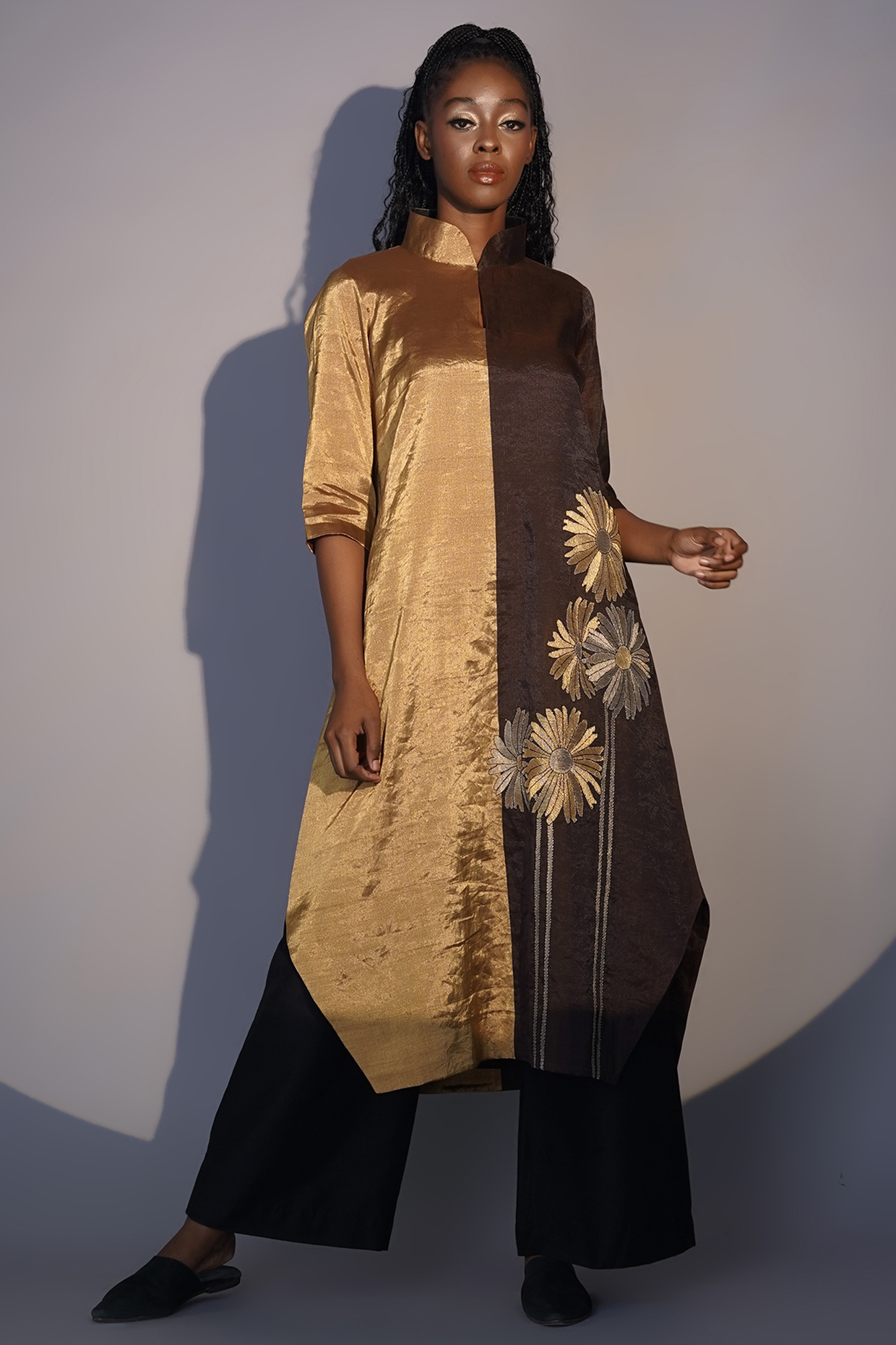 Bronze & Ruby Chanderi Tissue Machine Embroidered Tunic Set by Taika By Poonam Bhagat at Pernia's Pop Up Shop