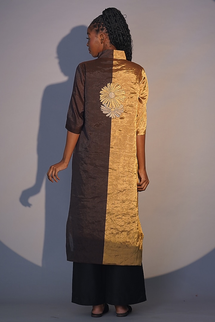 Bronze & Ruby Chanderi Tissue Machine Embroidered Tunic Set by Taika By Poonam Bhagat at Pernia's Pop Up Shop