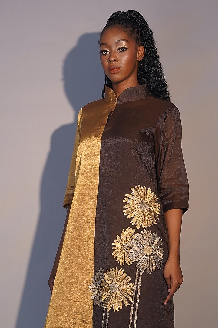 Bronze & Ruby Chanderi Tissue Machine Embroidered Tunic Set by Taika By Poonam Bhagat at Pernia's Pop Up Shop