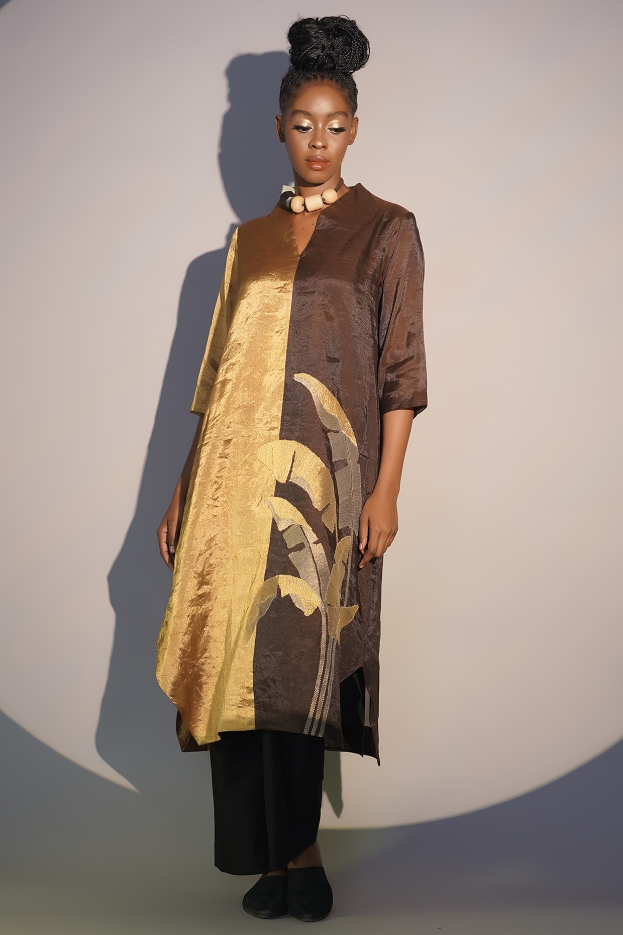 Bronze & Ruby Chanderi Tissue Machine Embroidered Tunic Set by Taika By Poonam Bhagat at Pernia's Pop Up Shop