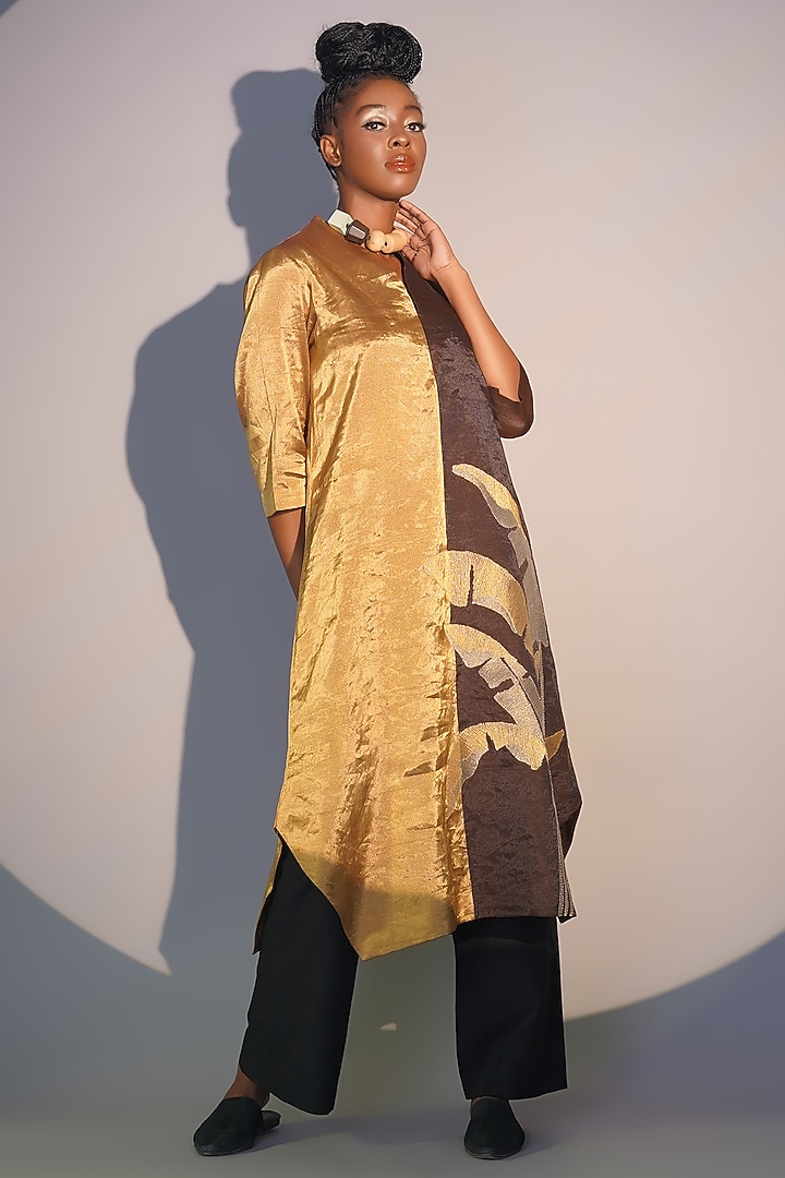 Bronze & Ruby Chanderi Tissue Machine Embroidered Tunic Set by Taika By Poonam Bhagat at Pernia's Pop Up Shop
