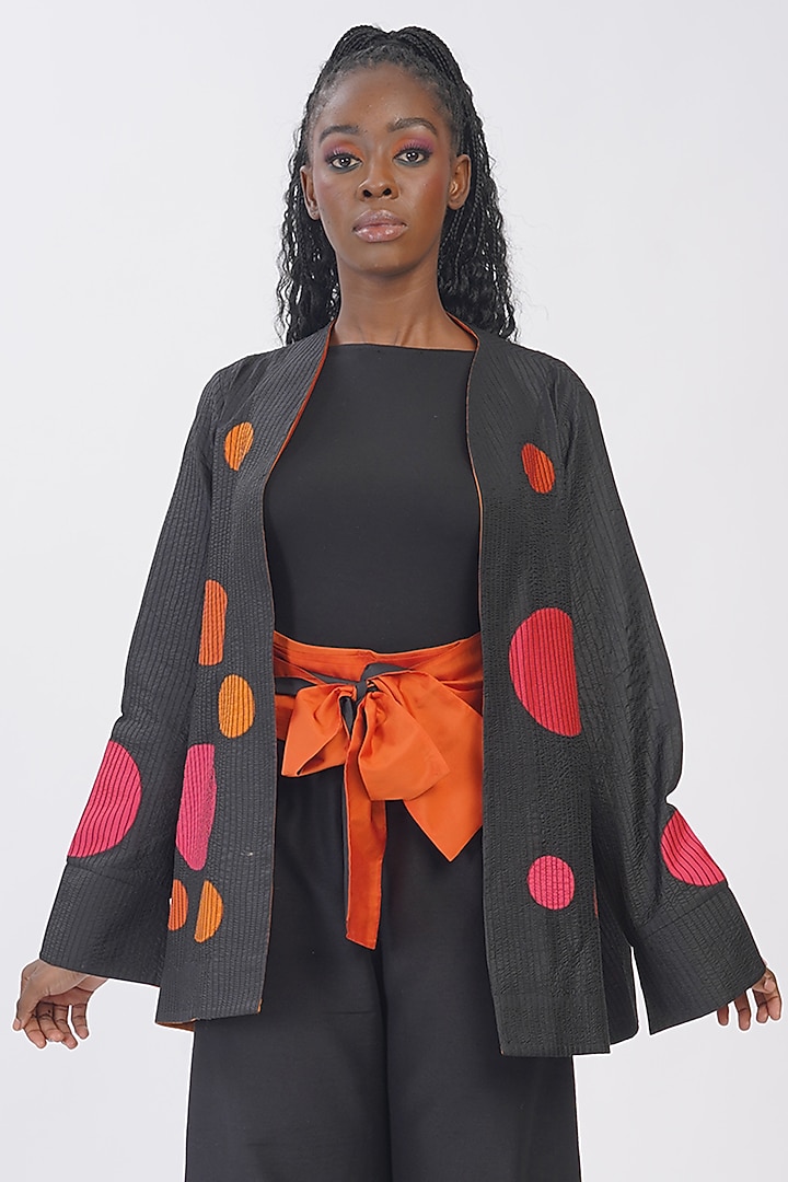 Black Green Pure Silk Applique Machine Embroidered Polka Jacket by Taika By Poonam Bhagat at Pernia's Pop Up Shop