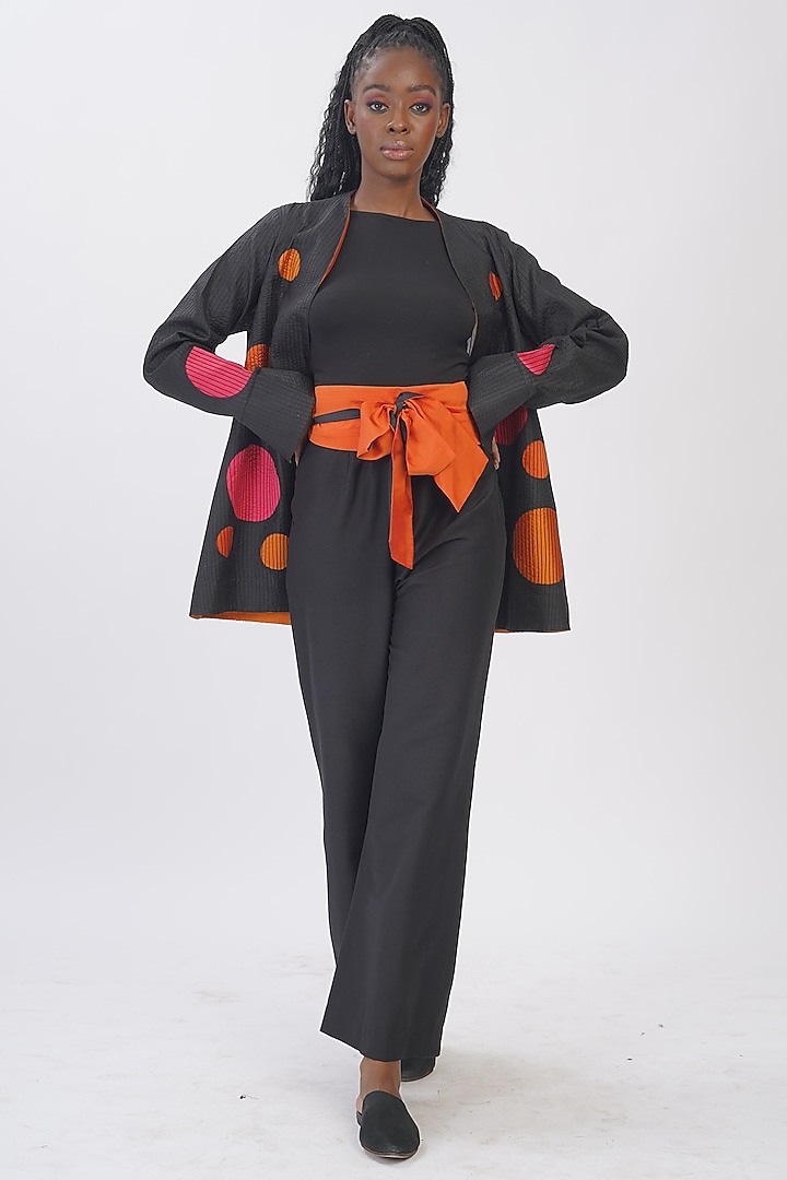Black Green Pure Silk Applique Machine Embroidered Polka Jacket by Taika By Poonam Bhagat at Pernia's Pop Up Shop