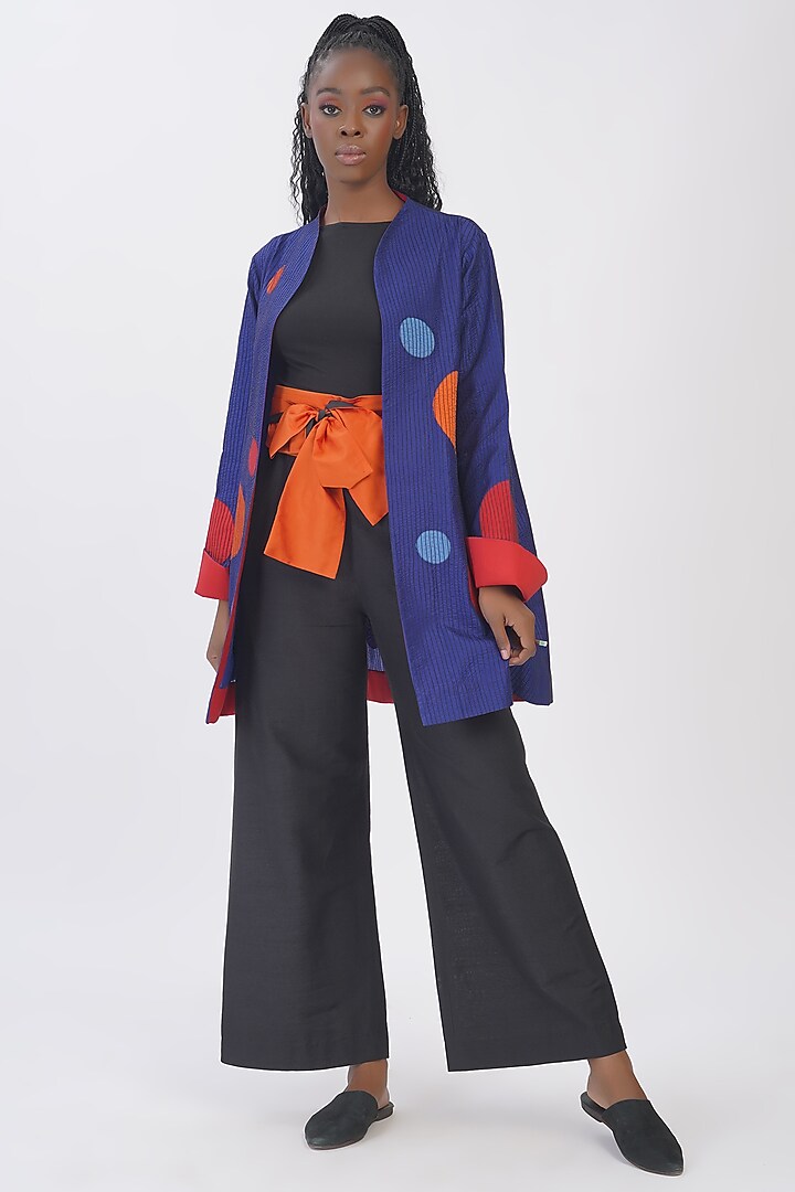 Peacock Blue Pure Silk Applique Machine Embroidered Polka Jacket by Taika By Poonam Bhagat at Pernia's Pop Up Shop