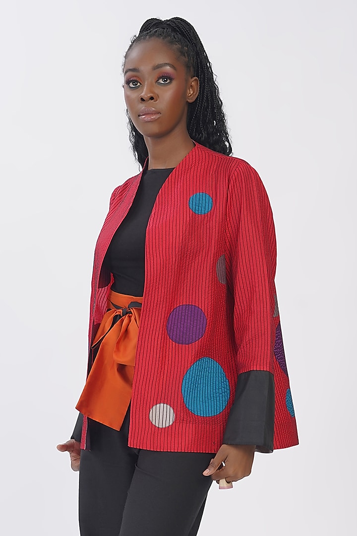 Hot Pink Pure Silk Applique Machine Embroidered Polka Jacket by Taika By Poonam Bhagat at Pernia's Pop Up Shop