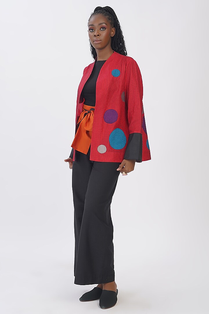 Hot Pink Pure Silk Applique Machine Embroidered Polka Jacket by Taika By Poonam Bhagat at Pernia's Pop Up Shop