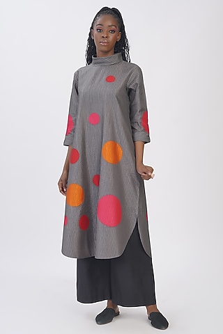 Dove Grey Pure Silk Applique Machine Embroidered Polka Tunic by Taika By Poonam Bhagat