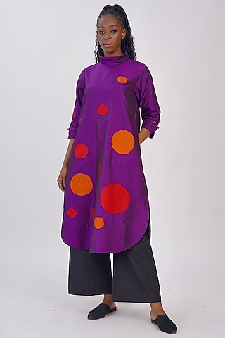 Purple Pure Silk Applique Machine Embroidered Polka Tunic by Taika By Poonam Bhagat