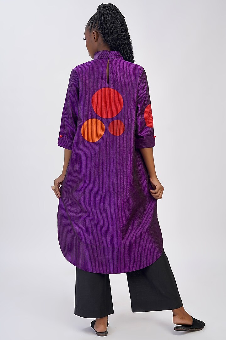 Purple Pure Silk Applique Machine Embroidered Polka Tunic by Taika By Poonam Bhagat at Pernia's Pop Up Shop