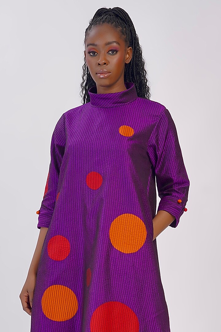 Purple Pure Silk Applique Machine Embroidered Polka Tunic by Taika By Poonam Bhagat at Pernia's Pop Up Shop