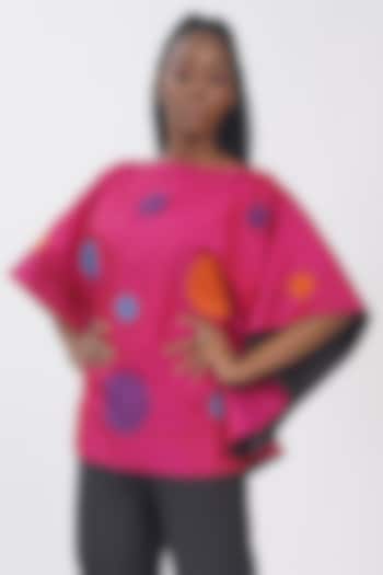 Hot Pink Pure Silk Applique Machine Embroidered Polka Top by Taika By Poonam Bhagat at Pernia's Pop Up Shop