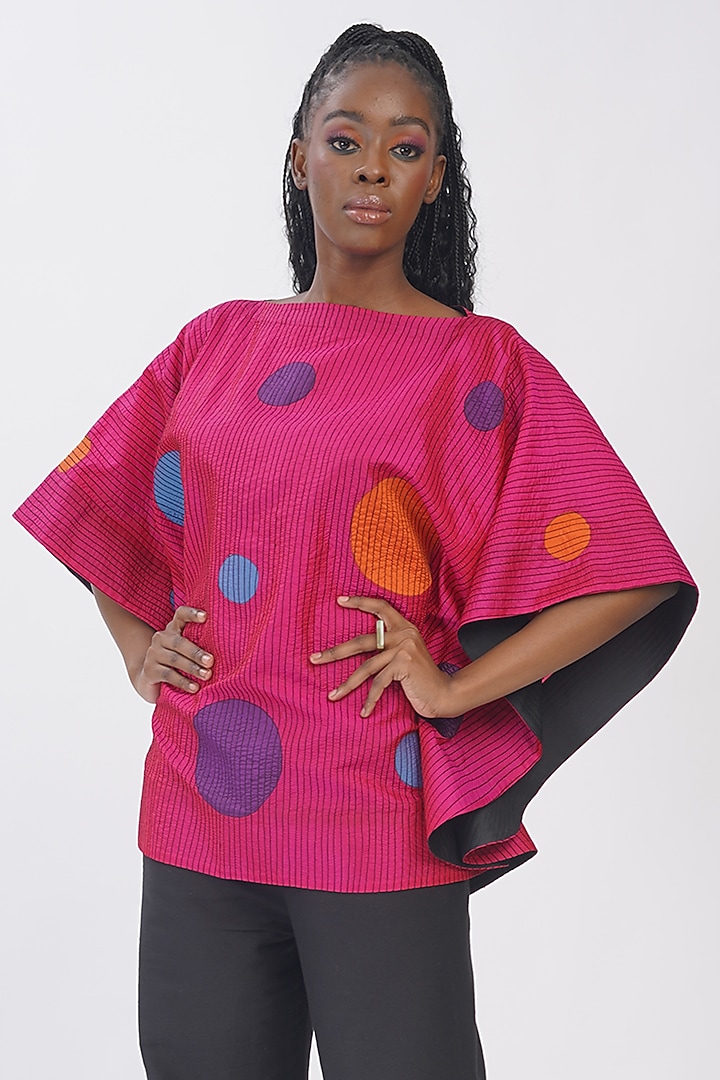 Hot Pink Pure Silk Applique Machine Embroidered Polka Top by Taika By Poonam Bhagat at Pernia's Pop Up Shop