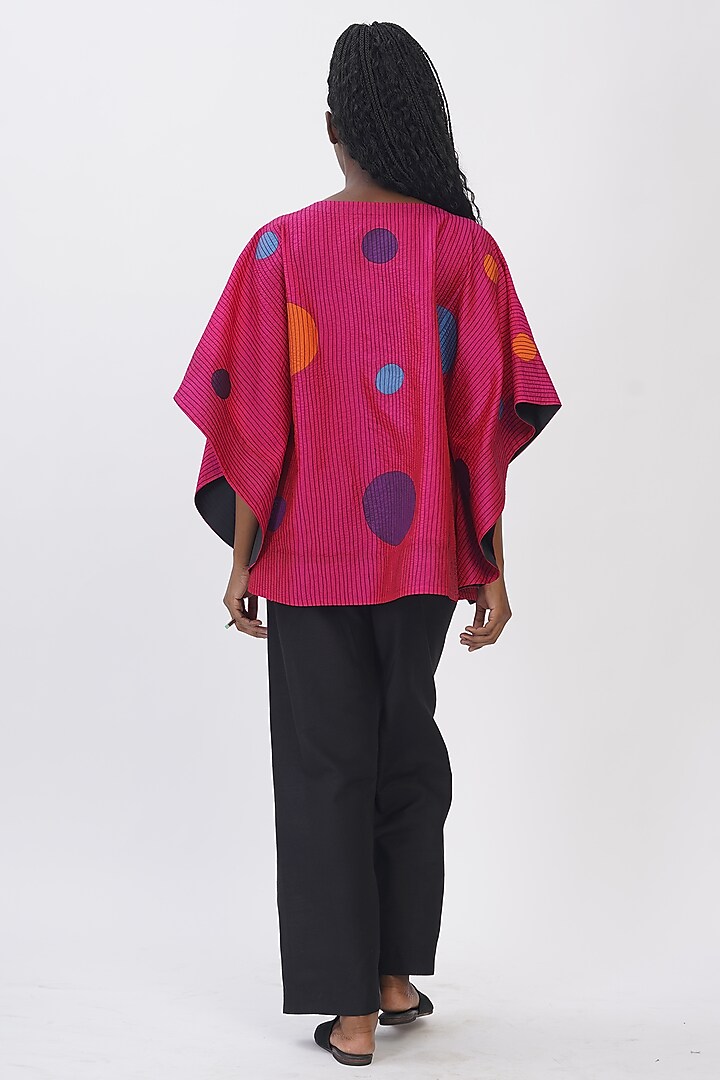 Hot Pink Pure Silk Applique Machine Embroidered Polka Top by Taika By Poonam Bhagat at Pernia's Pop Up Shop
