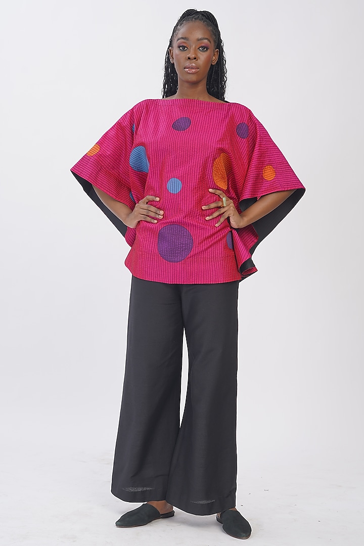 Hot Pink Pure Silk Applique Machine Embroidered Polka Top by Taika By Poonam Bhagat at Pernia's Pop Up Shop