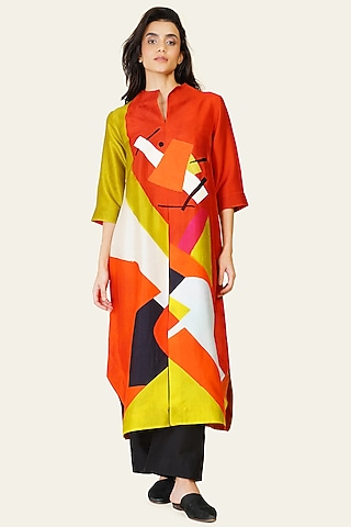 Multi-Colored Blended Silk Digital Printed Tunic Set by TAIKA by Poonam Bhagat