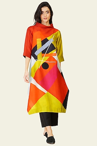 Multi-Colored Blended Silk Digital Printed Tunic Set by TAIKA by Poonam Bhagat