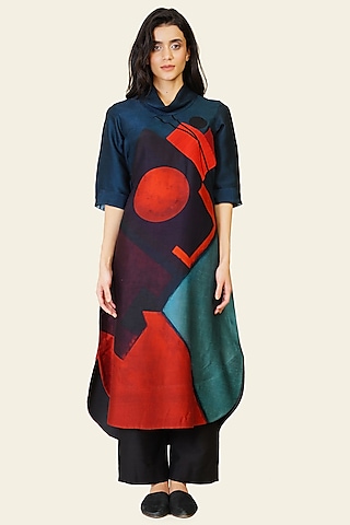 Multi-Colored Blended Silk Digital Printed Tunic Set by TAIKA by Poonam Bhagat