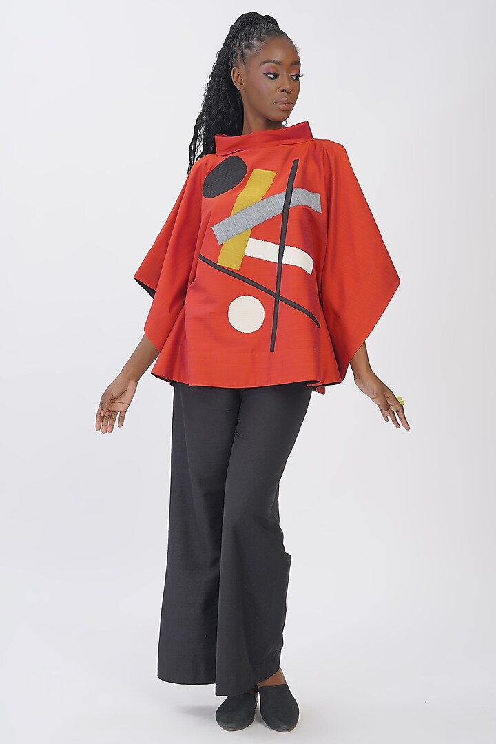 Brick Red Cotton Silk Embroidered Top by TAIKA by Poonam Bhagat at Pernia's Pop Up Shop