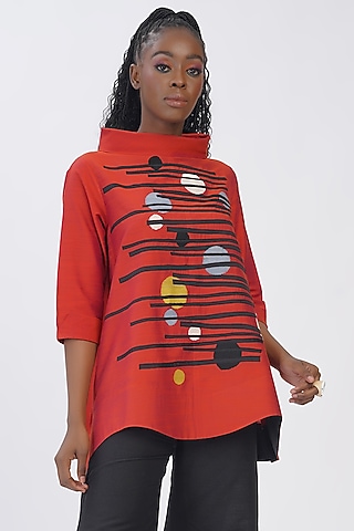 Red Cotton Silk Embroidered Top by TAIKA by Poonam Bhagat