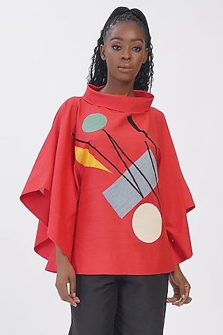 Red Cotton Silk Embroidered Top by TAIKA by Poonam Bhagat