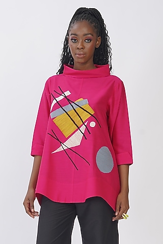 Hot Pink Cotton Silk Embroidered Top by TAIKA by Poonam Bhagat