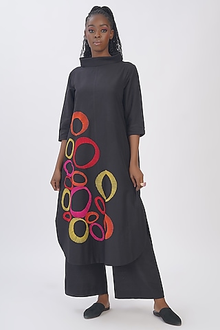 Black Cotton Silk Embroidered Tunic by TAIKA by Poonam Bhagat