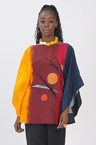 Multi-Colored Blended Silk Printed & Embroidered Top by TAIKA by Poonam Bhagat