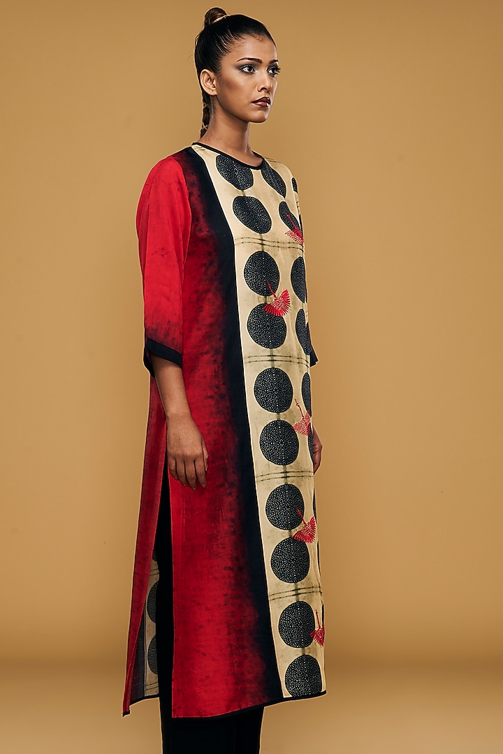 Red & Cream Blended Silk Printed Tunic Set by TAIKA by Poonam Bhagat at Pernia's Pop Up Shop