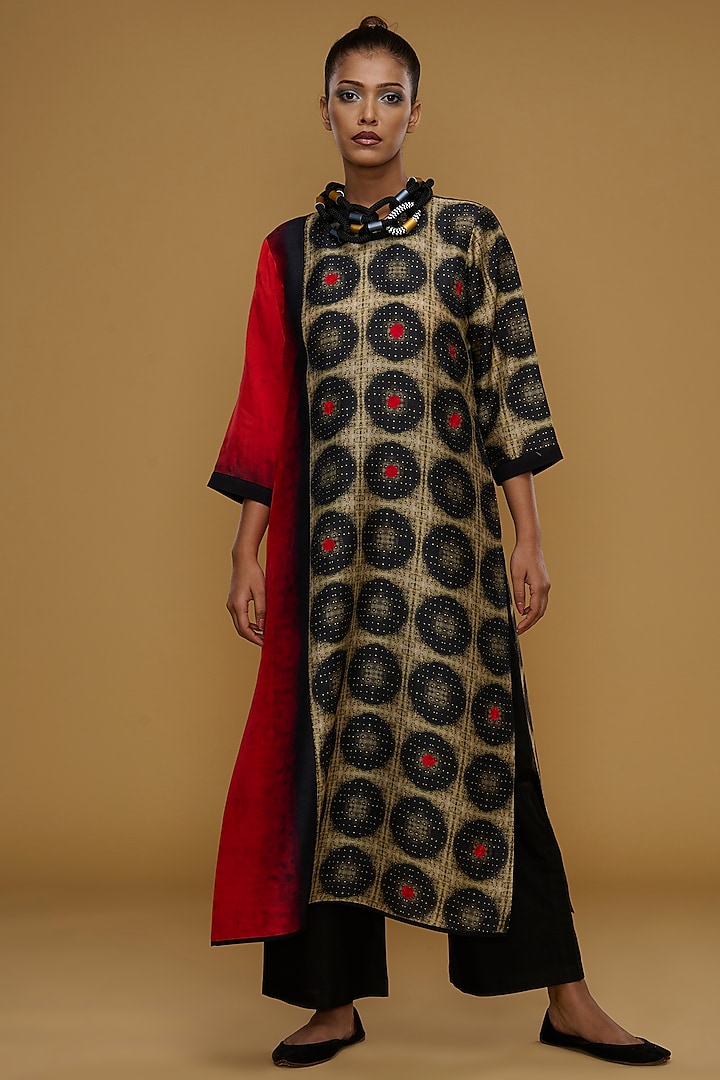 Red & Cream Blended Silk Embroidered Tunic Set by TAIKA by Poonam Bhagat