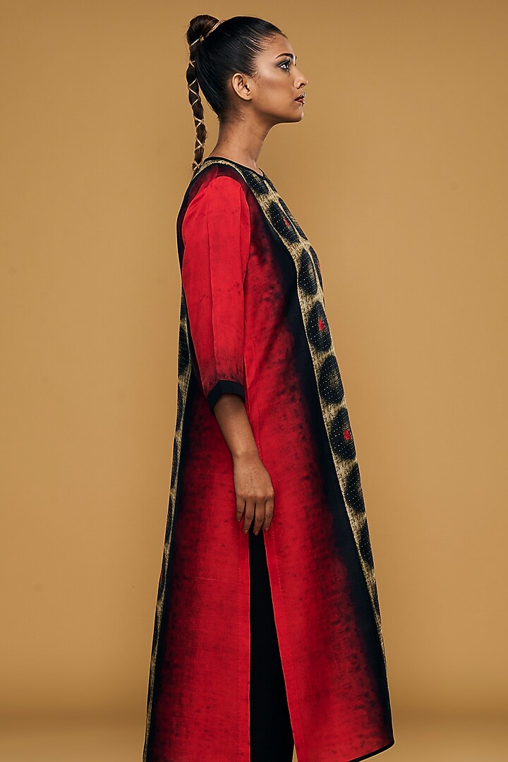 Red & Cream Blended Silk Embroidered Tunic Set by TAIKA by Poonam Bhagat at Pernia's Pop Up Shop