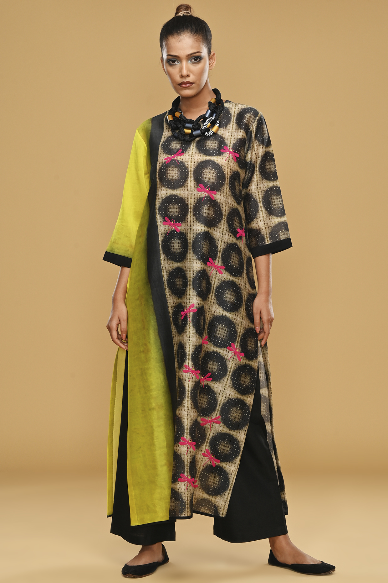 Lime & Cream Blended Silk Printed Tunic Set by TAIKA by Poonam Bhagat