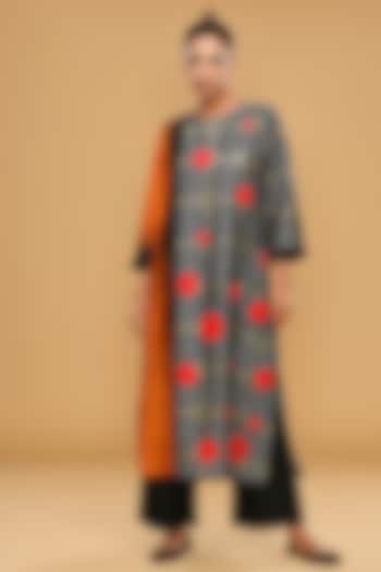 Ochre Cream & Black Blended Silk Printed & Embroidered Tunic Set by TAIKA by Poonam Bhagat