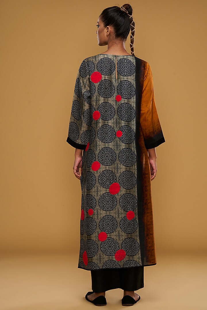 Ochre Cream & Black Blended Silk Printed & Embroidered Tunic Set by TAIKA by Poonam Bhagat at Pernia's Pop Up Shop