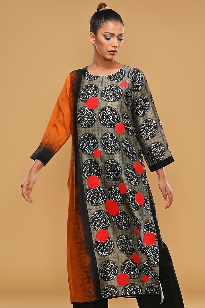 Ochre Cream & Black Blended Silk Printed & Embroidered Tunic Set by TAIKA by Poonam Bhagat at Pernia's Pop Up Shop