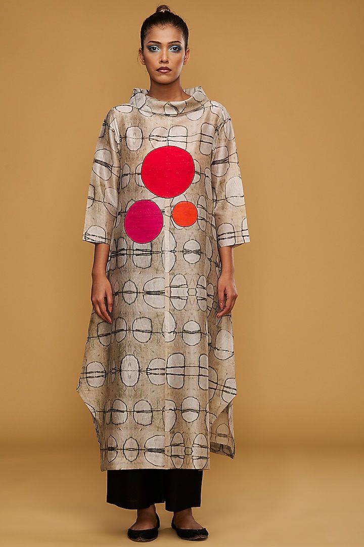Cream & Black Chanderi Printed & Embroidered Tunic Set by TAIKA by Poonam Bhagat