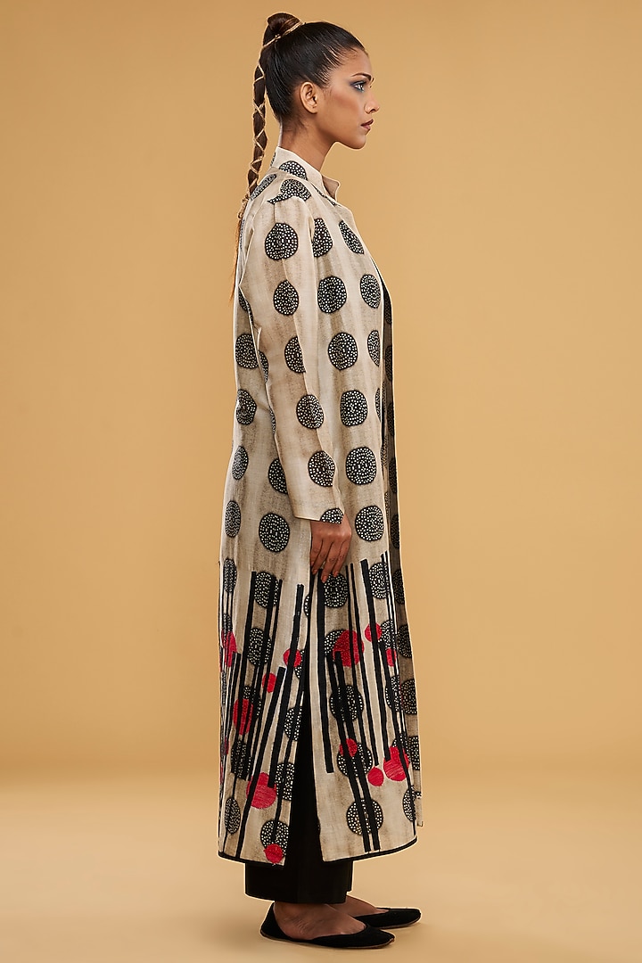 Ivory & Black Blended Silk Printed & Embroidered Jacket Set by TAIKA by Poonam Bhagat at Pernia's Pop Up Shop