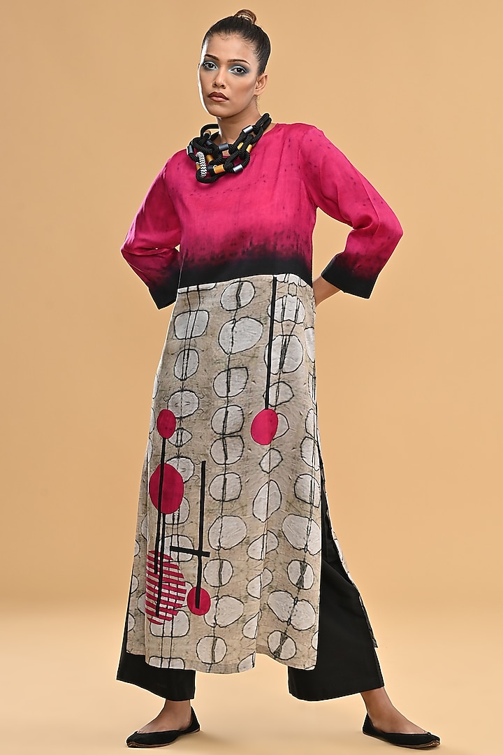 Hot Pink & Ivory Blended Silk Printed & Embroidered Tunic Set by TAIKA by Poonam Bhagat