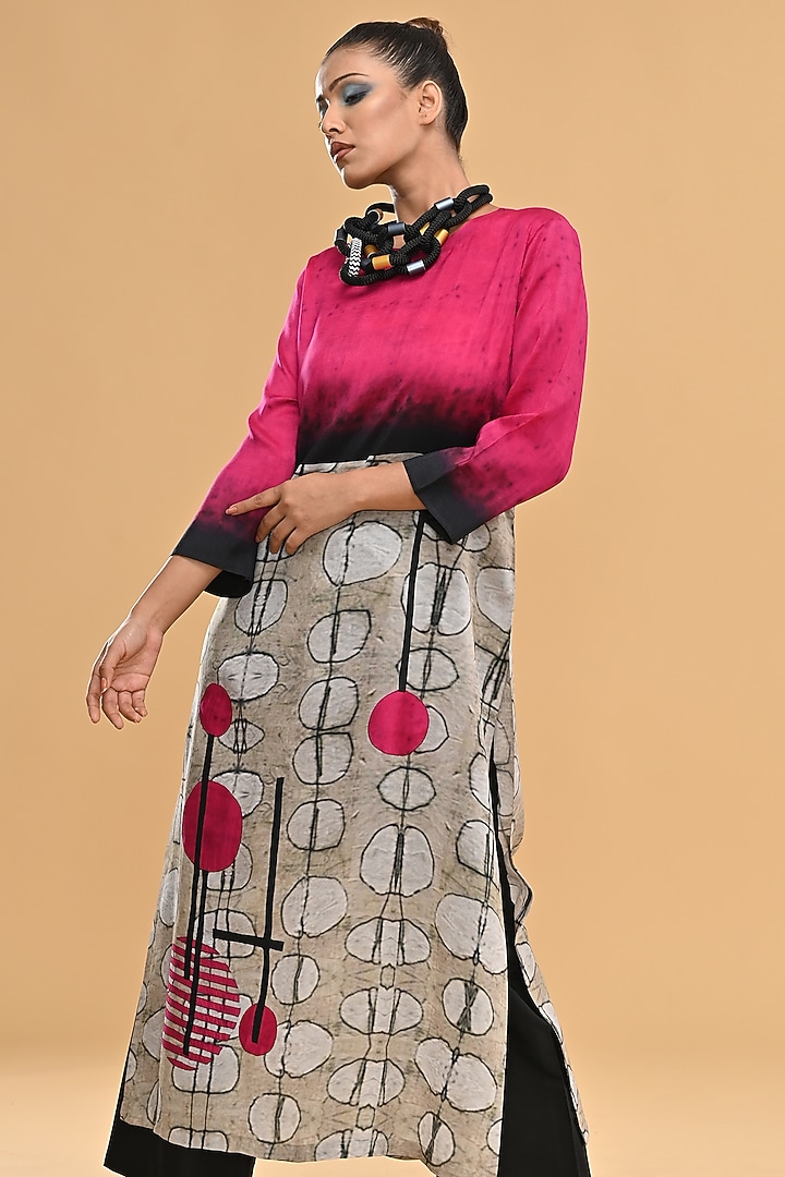 Hot Pink & Ivory Blended Silk Printed & Embroidered Tunic Set by TAIKA by Poonam Bhagat at Pernia's Pop Up Shop