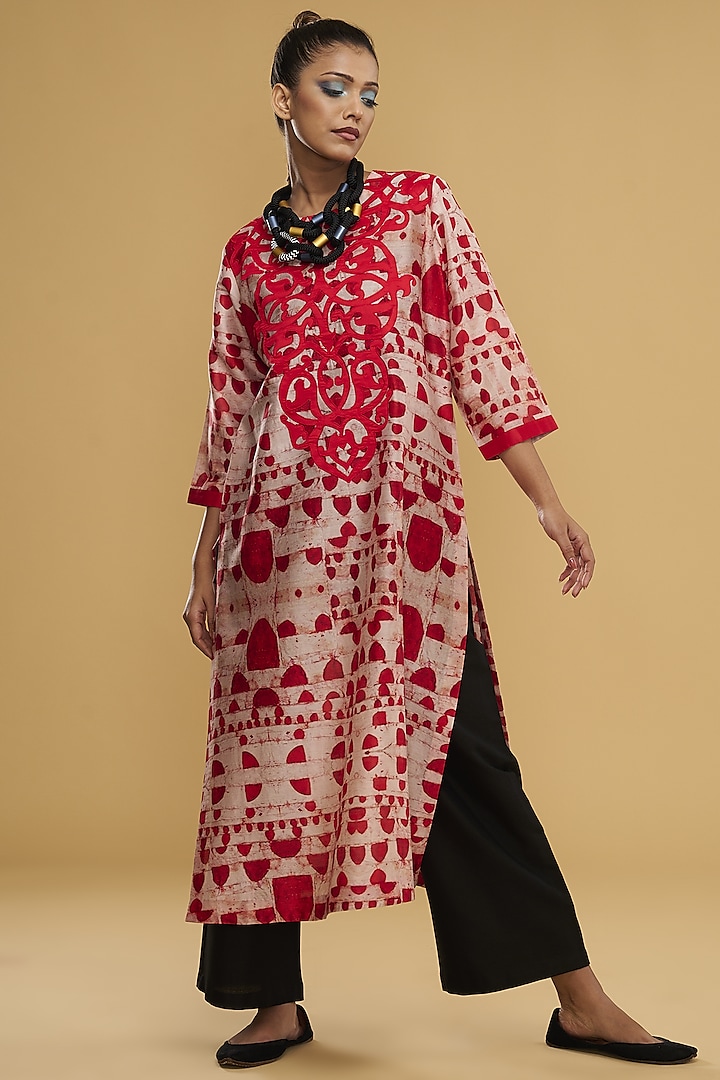 Red & Cream Blended Silk Printed & Embroidered Tunic Set by TAIKA by Poonam Bhagat