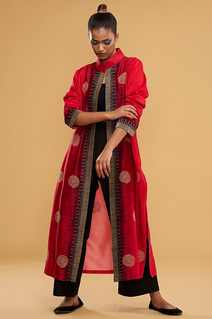 Red Cotton Silk Printed & Embroidered Jacket Set by Taika By Poonam Bhagat