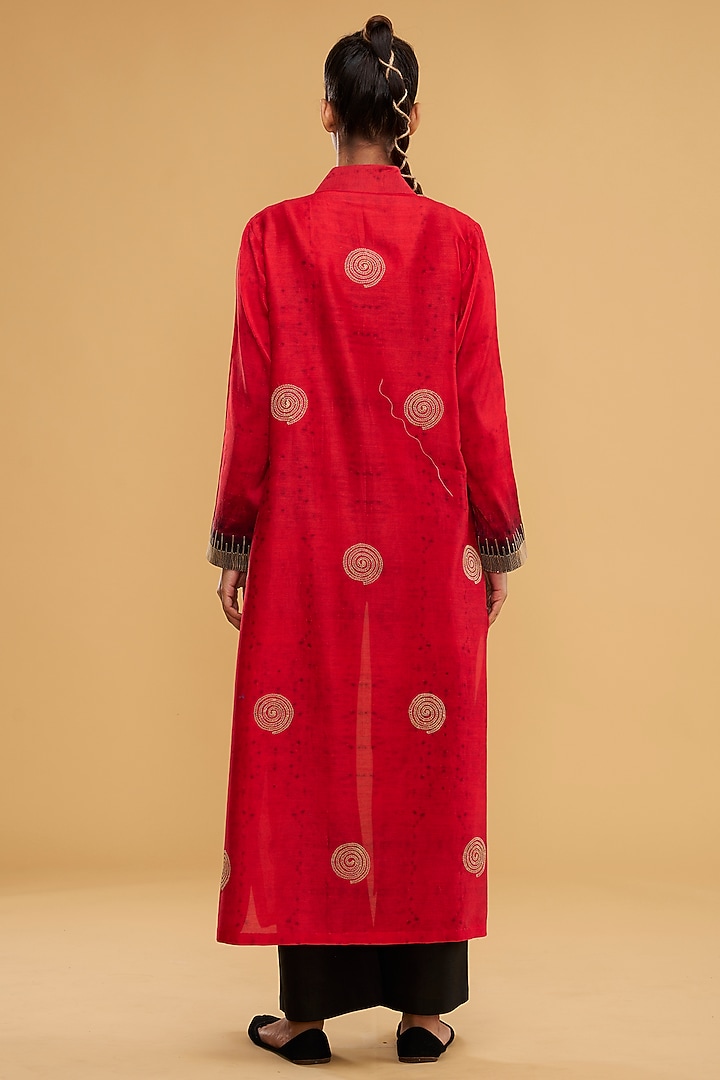 Red Cotton Silk Printed & Embroidered Jacket Set by Taika By Poonam Bhagat at Pernia's Pop Up Shop